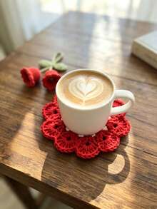 Handmade Flower Crochet Coaster Set With Hanging Ornament, Cute Red Floral Knitted Drink Coaster, Heat Resistant Table Mat For Coffee Mug, Aesthetic Home Desktop Decor - Multicolor - View 3