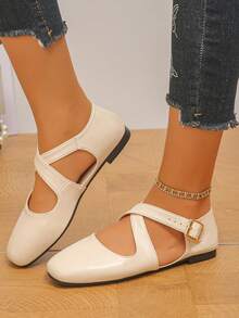 Plus Size 35-43 Beige Women's Classic Minimalist Fashion Smooth Leather Cross Strap Vintage Metal Buckle Side Hollow Square Toe Flat Mary Jane Shoes, Lightweight Comfortable Non-Slip Wear-Resistant Versatile For Daily Commute And Casual Wear, Spring/Summer - Beige PU-x Cross Strap - View 4