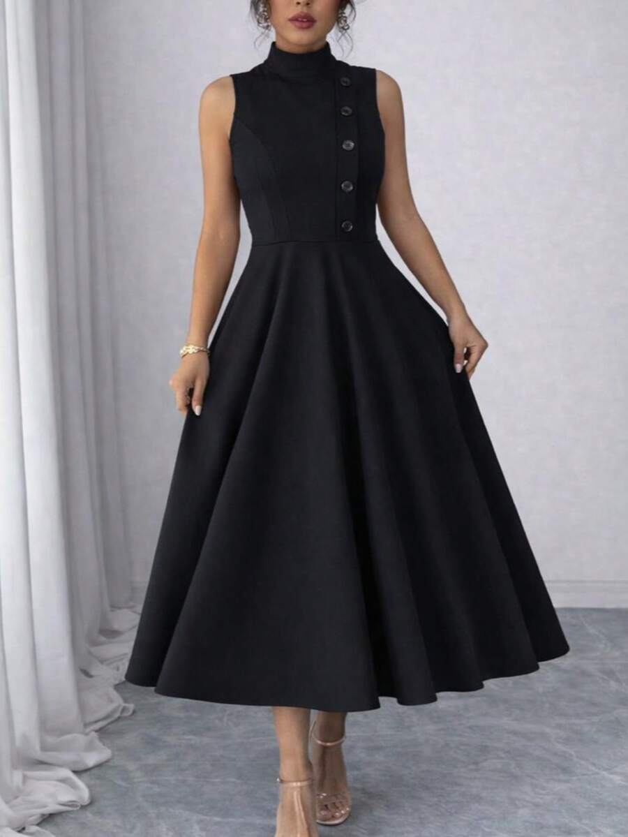 Elegant Sleeveless High Neck Midi Dress For Women, Side Button Detail, Chic Casual And Party Tailored Dress - 黑色的 - 查看 1