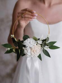 1Pc Gold Hoop Wedding Bouquet With Artificial Roses&Eucalyptus, Satin Ribbon Lace, Bridesmaid Circle Flower Hoop For Wedding Ceremony Photo Prop - Multicolor - View 4