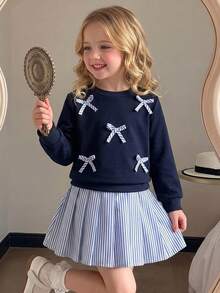 BASUSARRI Young Girl Striped Pleated Skirt, Round Neck Sweatshirt Long Sleeve Ribbed Cuff Bow Decor Top, 2pcs Set, Autumn/Winter - Royal Blue - View 2