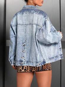 GILIPUR Women's Fashion Sequin Patchwork Washed Denim Jacket, Long Sleeve Lapel Motorcycle Style Outerwear, Suitable For Autumn Casual Wear - Blue - View 4
