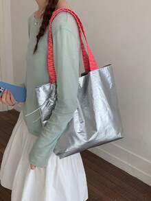 Niche Pleated Shiny Tote Bag, Neon Contrast Woven Handles, Eye-Catching Design, Side Drawstring Adjustable Shape, Large Capacity, Suitable For Daily Commute And Street Photography, Hot Girl Style - Silver - View 5