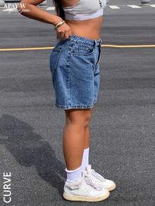Damen-Bermuda-Denim Shorts in Große Größen, einfarbig, lässig für den Sommer - Dunkle Waschung - Übersicht 3