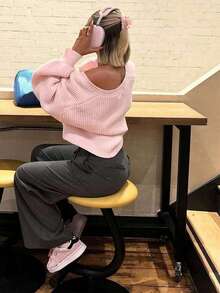 Women's Pink Front-Opening Knit Cardigan, Long Sleeve Loose Fit, Comfortable Casual, Suitable For Autumn/Winter - Pink - View 7