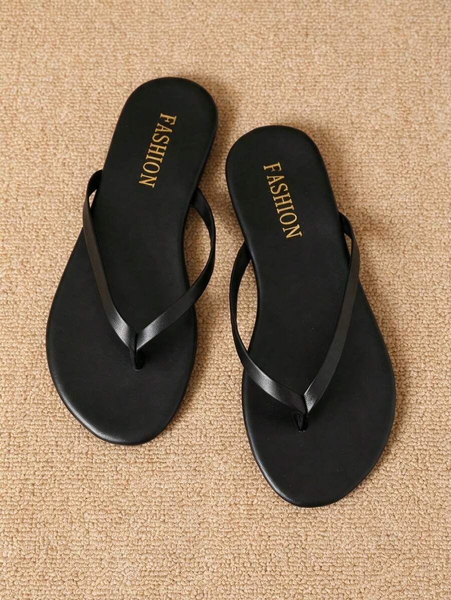 Women's Solid Black Flip Flops, Fashion Letter Print Soft Sole Flat ...