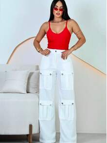 Calça Cargo Feminina Wide Leg - Branco - Visão 6
