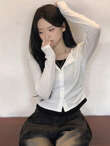 YCYC 韓系休閒百搭修身女款假兩件式鈕扣針織開襟衫 - 白色 - 查看 2