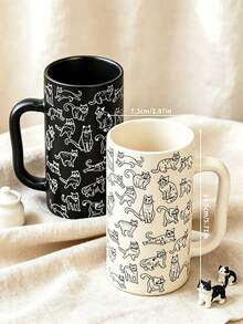 Minimalist Line Art Cat Print Ceramic Tall Coffee Mug, Black & White Kitten Drinkware, Cute Desk Decor, Cat Mom Birthday Gift - Cat Mug - View 5