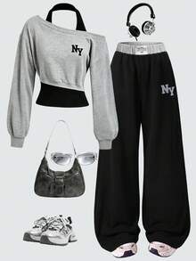 Lurzo Teen Girl Letter Print 2 In 1 Halter Neck T-Shirt And Casual Pants Set, Suitable For Outdoor Wear, Style - Grey - View 1