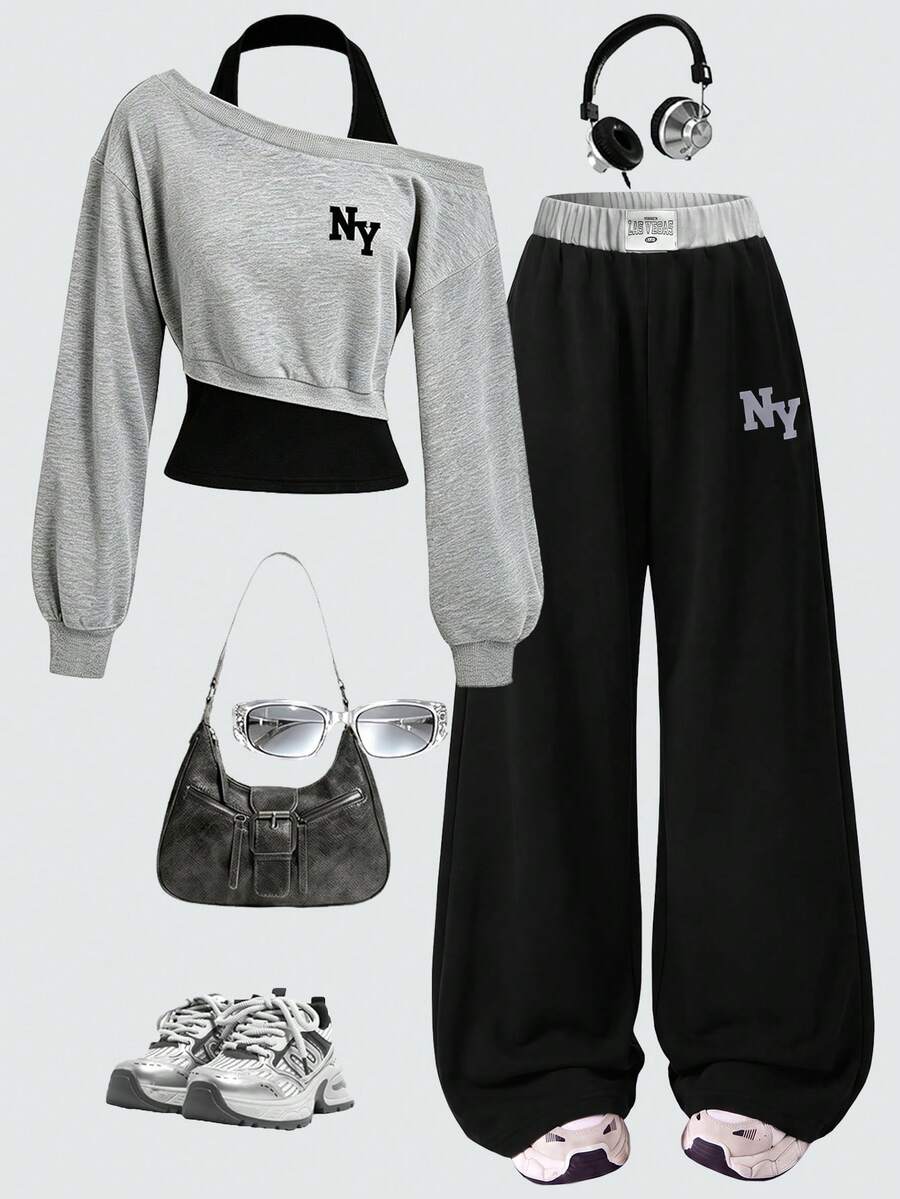 Lurzo Teen Girl Letter Print 2 In 1 Halter Neck T-Shirt And Casual Pants Set, Suitable For Outdoor Wear, Style - Grey - View 1