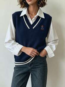 Alicedudu Women's Autumn/Winter Casual Minimalist Exquisite Cartoon Pattern V-Neck Pullover Sweater Vest - Navy Blue - View 6