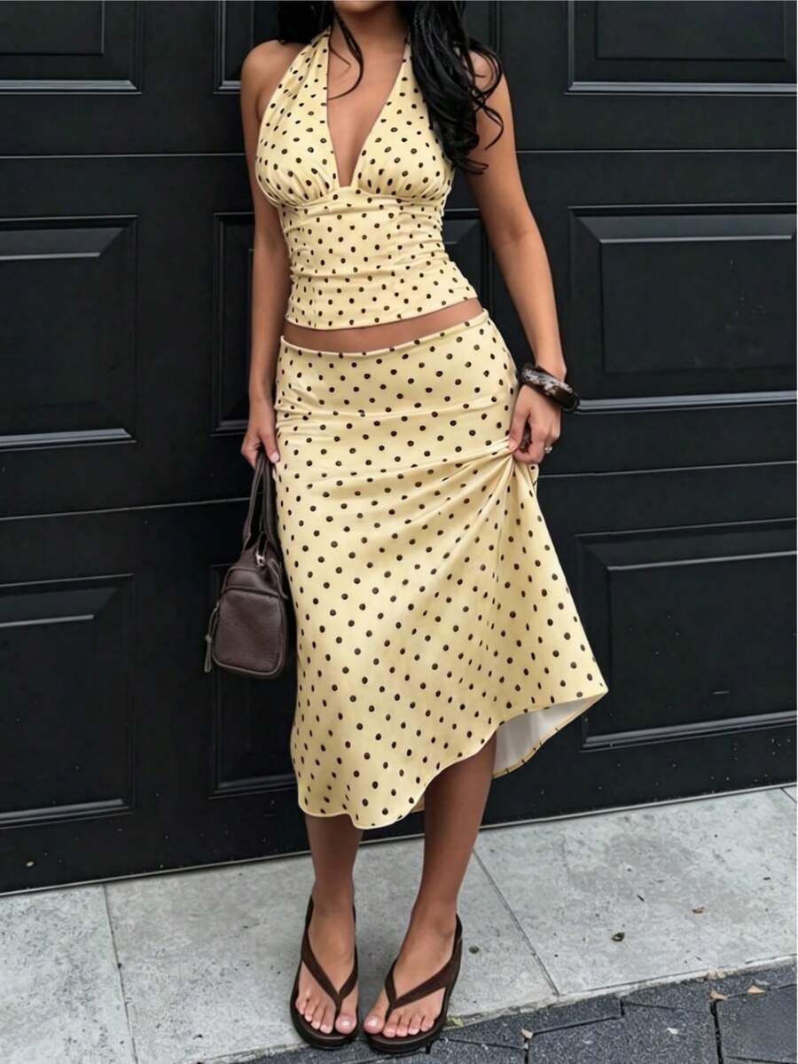 Transparent Polyester Lightweight (Check Size Chart) Polka Dot Contrast Color 2 Pieces Set, Elegant Charming Wedding Party Y2K Backless Halter Neck Knot Ruffle 2 Pieces Set, Casual Vacation All Season Autumn/Winter Inner Layer, Spring/Autumn 2 Pieces Set, Spring/Summer 2 Pieces Set