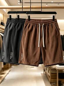 Men's Summer Corduroy Straight Leg Drawstring Shorts, Loose Casual Sports Beach Pants, Letter Pattern Decoration, With Pockets - Coffee Brown - View 1