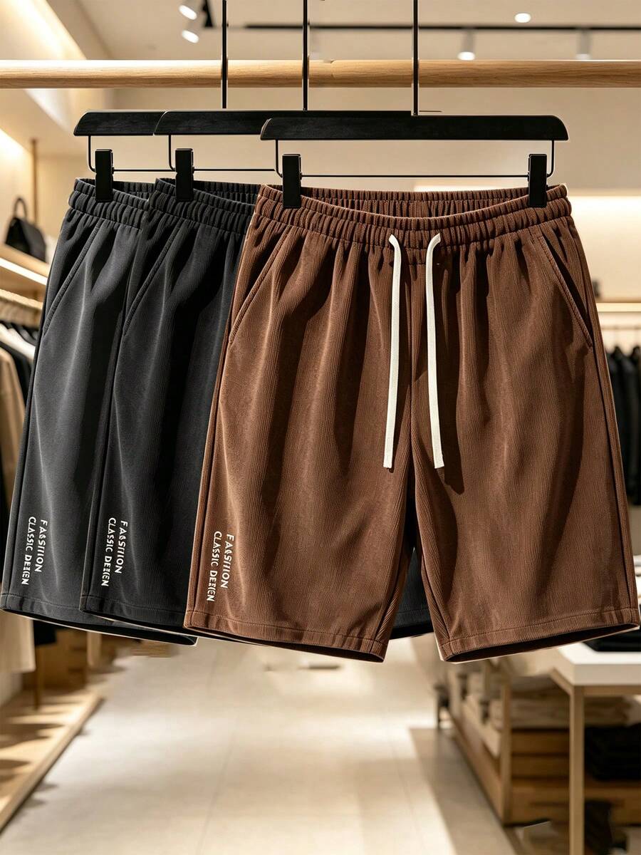 Men's Summer Corduroy Straight Leg Drawstring Shorts, Loose Casual Sports Beach Pants, Letter Pattern Decoration, With Pockets - Coffee Brown - View 1