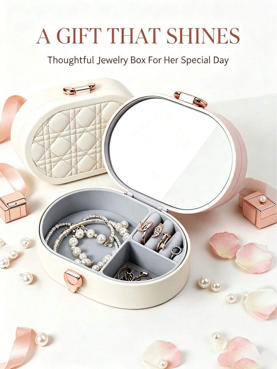 PET Silicone Oval Jewelry Box With Mirror, Compartment Storage For Necklace And Ring, Portable Organizer For Travel And Home - Oval Jewelry Box - View 1