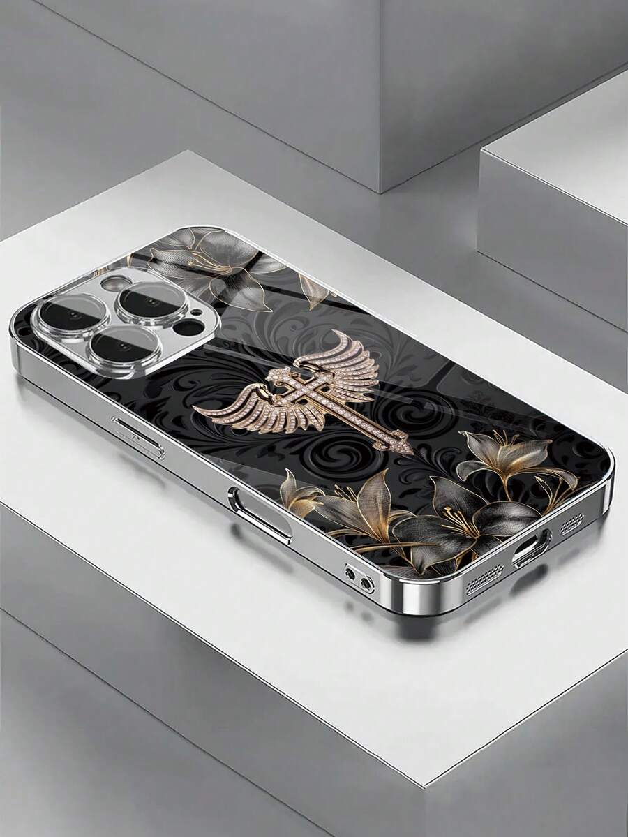 1PC Luxury Black Floral Phone Case, Rhinestone Cross Angel Wings Design, Silver Electroplated Tempered Glass Back Panel Anti-Drop Protective Shell, High-End Texture Protective Case Suitable For Apple Air 17/16e/16Pro/16ProMax/16Plus/15/15Plus/15ProMax, 14/14Plus/14Pro/14ProMax, 13/13Pro/13ProMax, 12/12Pro/12ProMax, 11/11Pro/11ProMax And Other Models, Suitable For Personal Use Or Gift - Multicolor - View 1