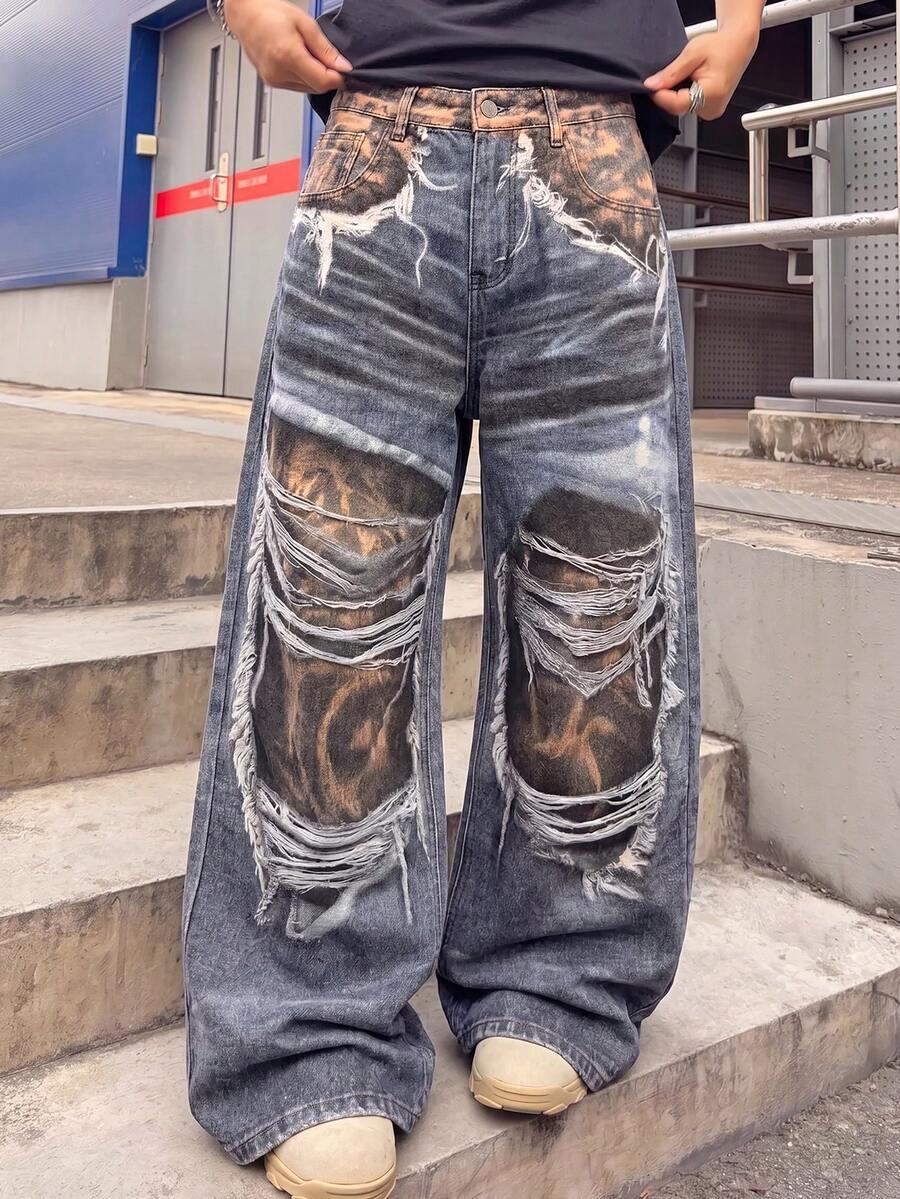 男士髒染漸層做舊仿破洞流蘇數位印花超寬鬆寬腿牛仔褲 - 藍色 - 查看 1