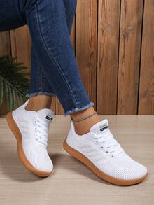 Women's Wide Toe Box Striped Mesh Lace-Up Sneakers, Suitable For Casual, Sports And Commuting - White Brown - View 4