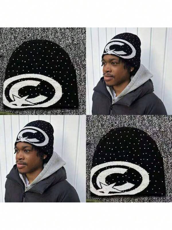 1pc Knitted Knitted Hat, Hip Hop Beanie, Men's Rimless Hat, Rhinestone Decorated Streetwear Warm Knit Hat, Fashion Street Hip Hop Skateboard Women's Knitted Hat