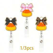 1pc/3pcs Halloween Candy Corn Leopard Print Bow Glitter Acrylic Retractable Badge Reel With Crocodile Clip - Multicolor - View 1