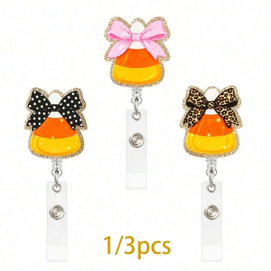 1pc/3pcs Halloween Candy Corn Leopard Print Bow Glitter Acrylic Retractable Badge Reel With Crocodile Clip - Multicolor - View 1