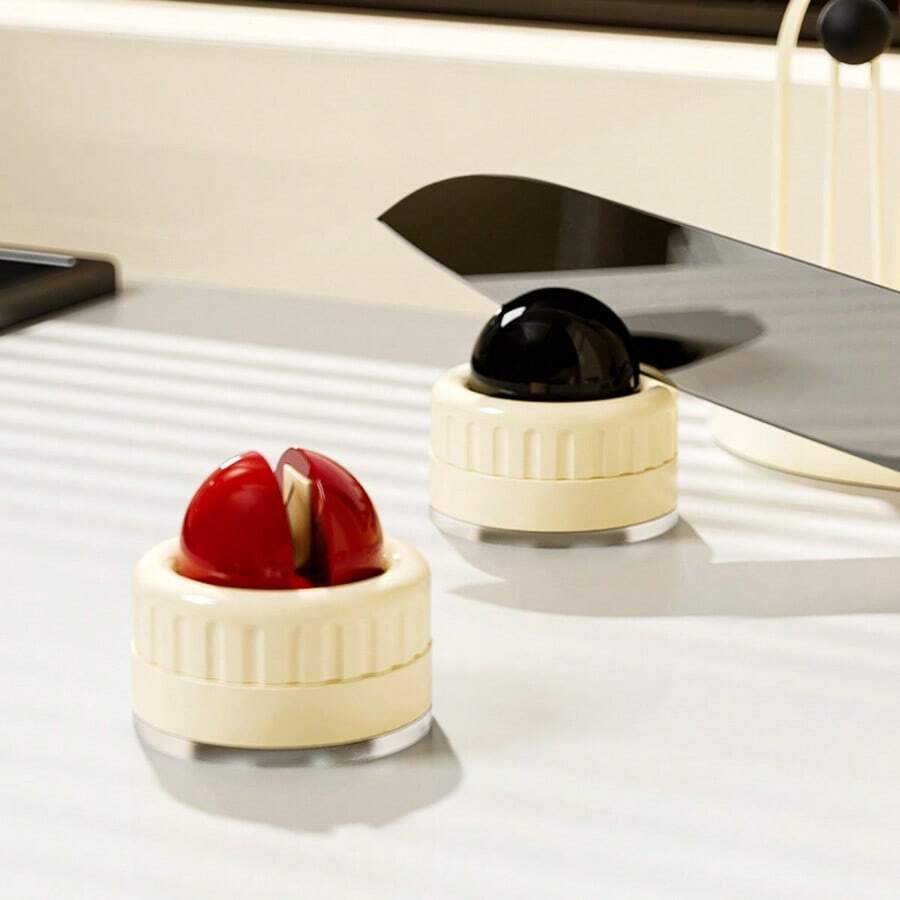1pc Plastic Suction Cup Spherical Knife Sharpener, Cream White & Red Round Kitchen Tool Sharpening Stone, Suitable For Home Kitchen - Red - View 1