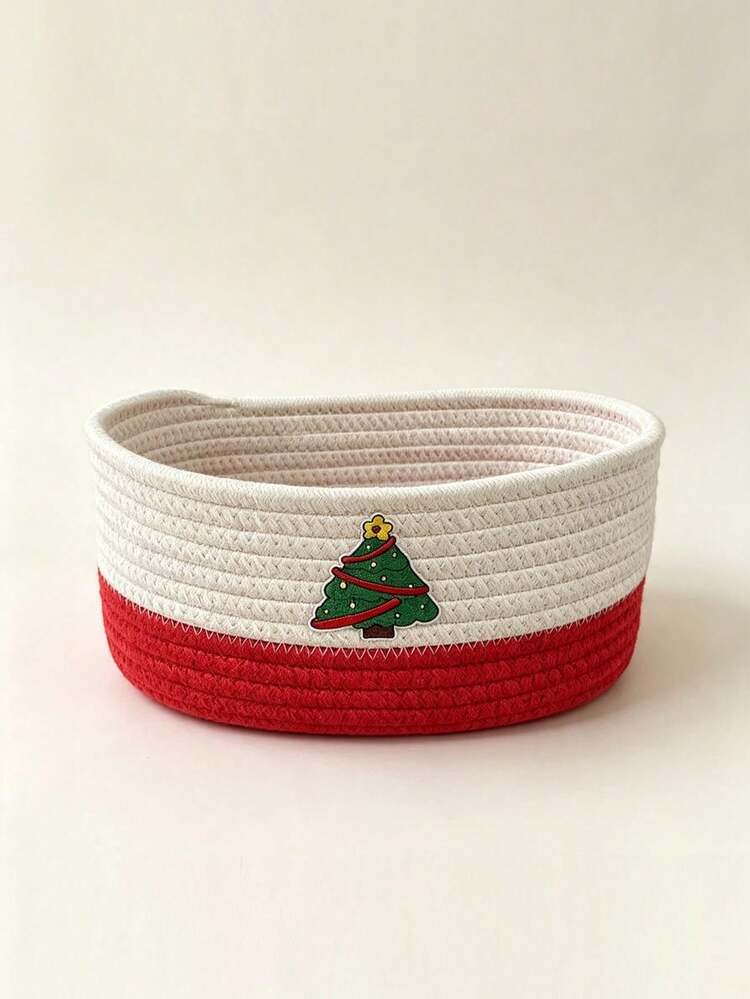 Christmas Tree Woven Cotton Rope Storage Basket, Red And White Patchwork Desktop Storage Basket, Decorative Handmade Rope Woven Storage Tray, Holiday Home Decor Basket, Suitable For Cosmetics And Sundries, Christmas Desktop Decoration - Multicolor - View 10