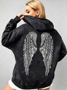 Women's Oversized Angel Wings Print Hoodie - Black Y2K Back Graphic Pullover,  Fall Winter  Streetwear , Comfy Oversized Silhouette2026 - 黑色水洗1 - 查看 3