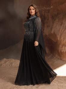 YISIKADO Plus Size Women's Flowy Chiffon Evening Gown, Rhinestone Embellished, High Neck Bell Sleeve Maxi Dress, Suitable For Prom, Wedding Guest - Black - View 6