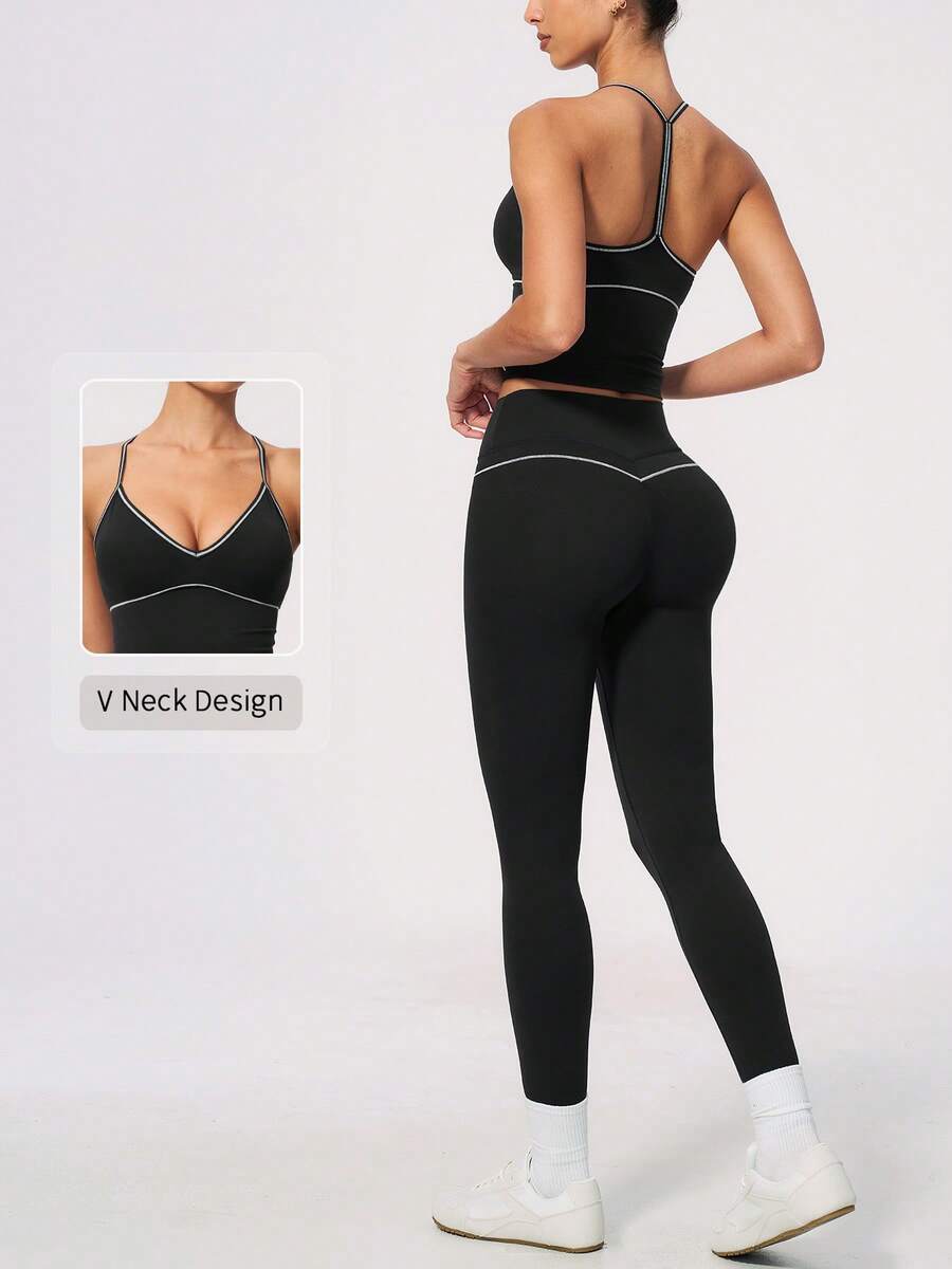 NcmRyu Women's One Set Contrast Color White Line Deep V-Neck Tank Top & Tight Butt-Lifting Long Pants Sports Outfit - Black - View 1