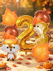 Set Of 8 Gold Balloons Featuring Numbers, Foxes, Squirrels, Acorns, And Maple Leaves-Perfect For Birthday Decorations, Woodland-Themed Parties, Fall Harvest Parties, Thanksgiving, Baby Showers, And Autumn Outdoor Picnics. - View 3