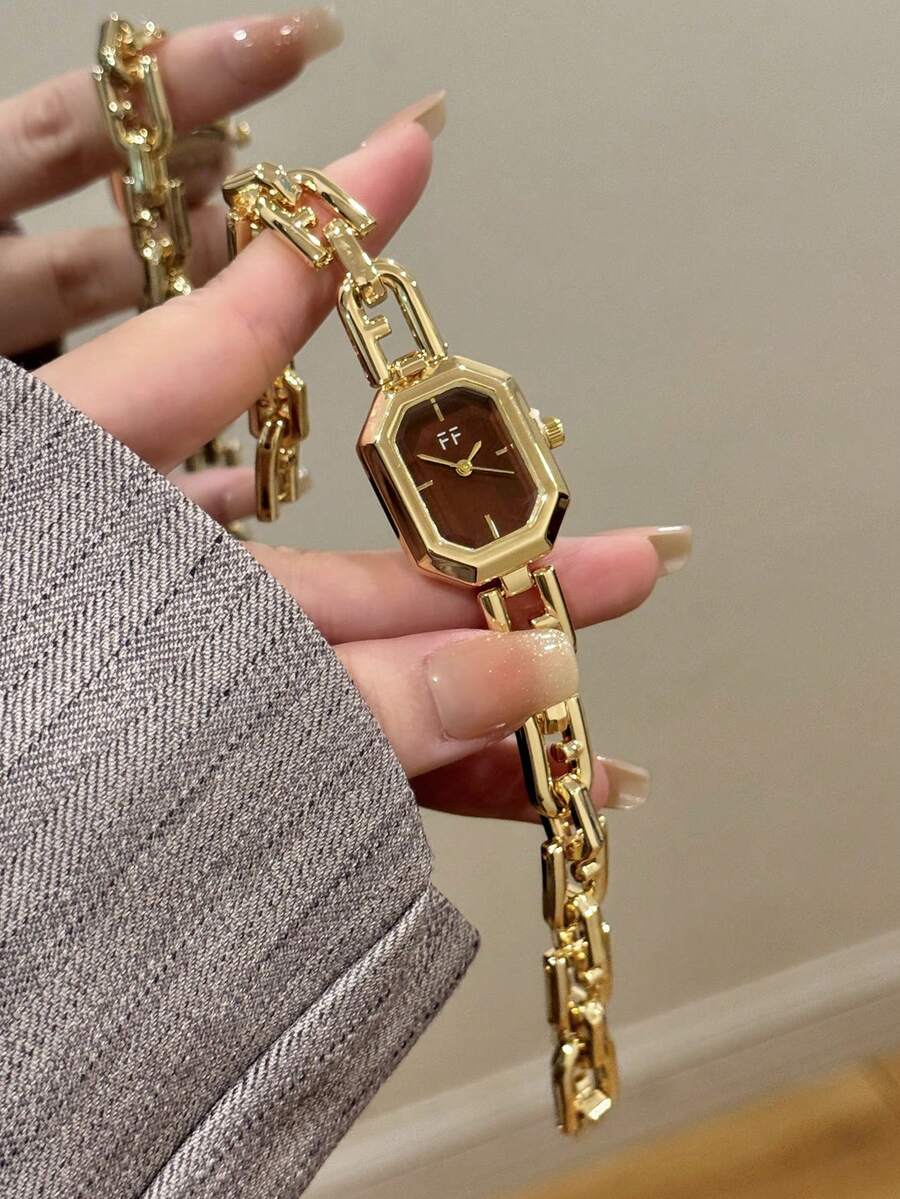 1件女性金色方形手鍊石英手錶,精緻小巧時尚,適合日常配戴,生日/畢業禮物,休閒風格 - 金色 - 查看 1