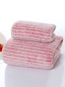 Coral Fleece Soft Quick-Dry Striped Bath Towel/Hand Towel/Face Towel/Beach Towel, Suitable For Bathroom, Back To School, Home Essentials, Skin Care - Pink - View 9