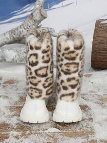 1 Pair Autumn/Winter New Random Leopard Print Decor Casual Fashion Round Toe Mid-Calf Back Zipper Design Girls' Boots - White - View 3