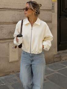 Women's Short Jacket, Long Sleeve Cropped Bomber Jacket, Black, Spring Outerwear - Beige - View 2