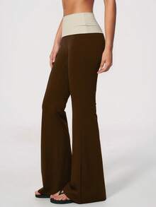 NcmRyu Women's 1pc Colorblock Folded High Waist Yoga Pants For Running And Gym, Flared Leg - Coffee Brown - View 9