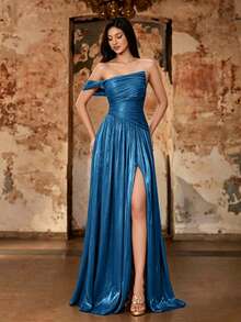 Summer/Autumn Elegant Asymmetric One-Shoulder Cinched Waist Pleated Shiny Satin High Slit A-Line Long Evening Gown, Backless Tie Design, Suitable For Wedding Guest Party - Teal Blue - View 7