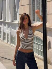 女款條紋印花V領細肩帶背心，適合夏季外出、度假與海灘派對，棕色 - 棕色 - 查看 2