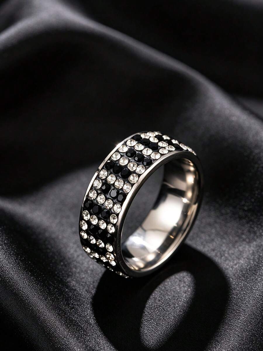 1pc Stainless Steel Wide Ring Black & White Alternating Full Zirconia Element Daily Party Outfit Couple Accessory - 1-piece Full Diamond Ring - View 1