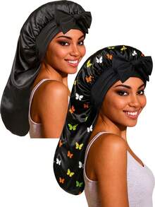 Butterfly Print Colorful Cute Women's Long Satin Faux Silk Bow Sleep Cap, Large Braided Curly Hair Sleeping Cap, Suitable For Sleeping, Daily Beauty Use, Back To School Essential - Multicolor - View 16