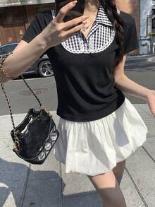 Kaos Wanita Lengan Pendek Kasual Serbaguna Motif Kotak-kotak Patchwork Warna Blok untuk Sehari-hari, Warna Hitam, Cocok untuk Musim Panas - Hitam - View 5