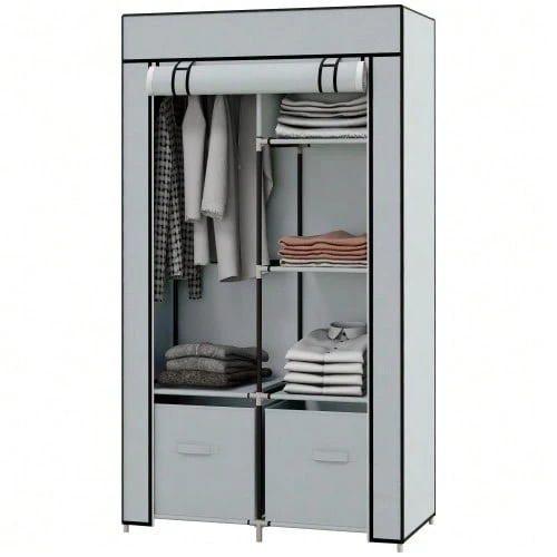 Fabric Wardrobe Space-Saving Closet With 5 Compartments & Clothes Rail, Zipper, Folding Wardrobe In Light Grey - 淺灰色 - 查看 1