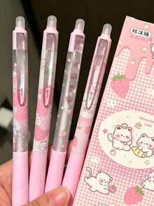 4pcs Strawberry Cat Retractable Erasable Blue Ink Pens, INS Style Student Erasable Blue Neutral Pens - Blue - View 7