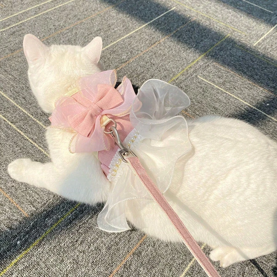 Pet Leash Anti-Escape Outdoor Set, Dedicated Cat Leash Kitten Vest-Style Adjustable Pink Bow Chest Harness, Suitable For Small And Medium Cats And Dogs - Pink - View 1