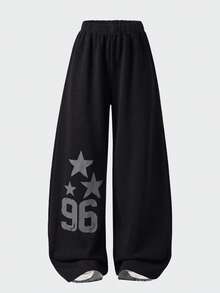 Lurzo Girls' Y2K Casual Retro Straight Leg Pants, Vintage Number 96 + Five Star Print, Comfortable Drape, Suitable For Campus And Outdoor - Black - View 6