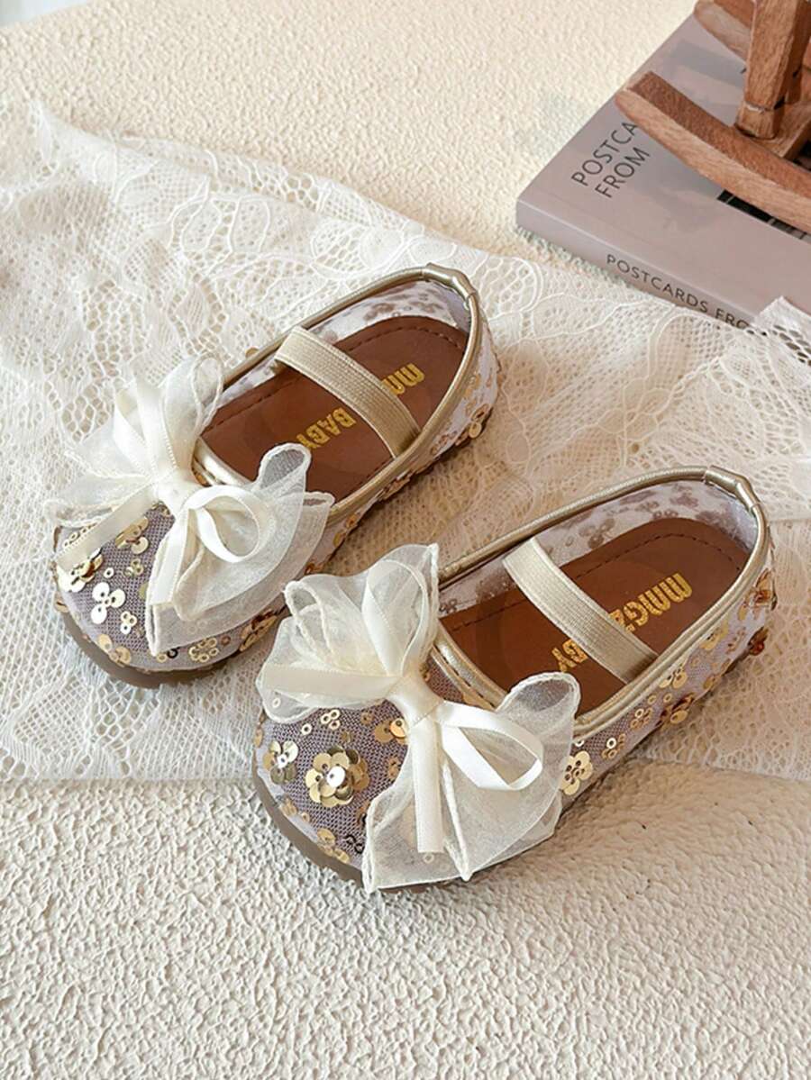 Net Fabric Sequined Bow Princess Shoes For Little Girl Mary Jane for ...