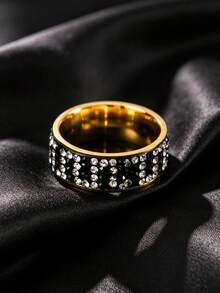 1pc Stainless Steel Wide Ring Black & White Alternating Full Zirconia Element Daily Party Outfit Couple Accessory - 1-piece Full Diamond Ring - View 4