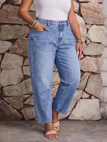 Plus Size Mom Slim Fit Ankle Length Denim Jeans With Pockets And Zipper, Non-Stretch Fabric, Suitable For Daily Wear - Blue - View 2