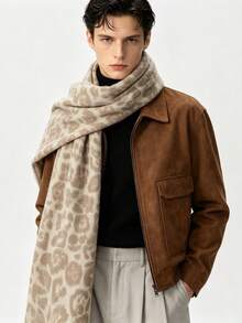 Autumn/Winter Vintage Intellectual Leopard Print Jacquard Scarf For Men, Dandy Gentleman Shawl, Suit Coat Layering Accessory, Holiday Gift, Warm Thick Cold-Proof Scarf For Boys - Beige - View 6